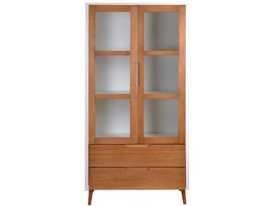 Cristaleira / vitrine de madeira 1,89 m x 45 cm x 95 cm cor branco laca com freijó | Coleção Scandian